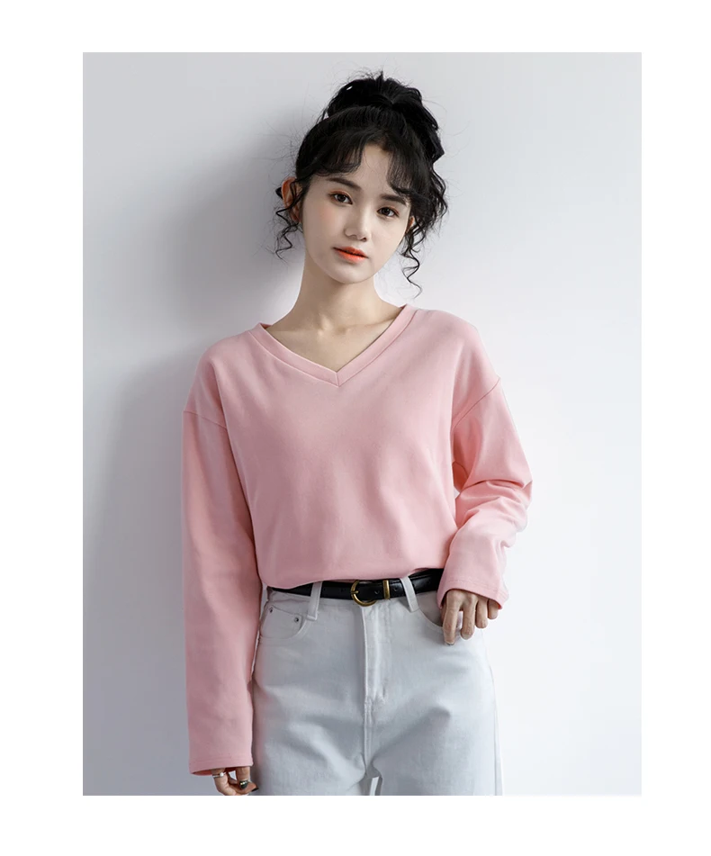 

2021 spring new black V-neck T-shirt women's simple versatile T-shirt pure cotton top spring and autumn long sleeve top