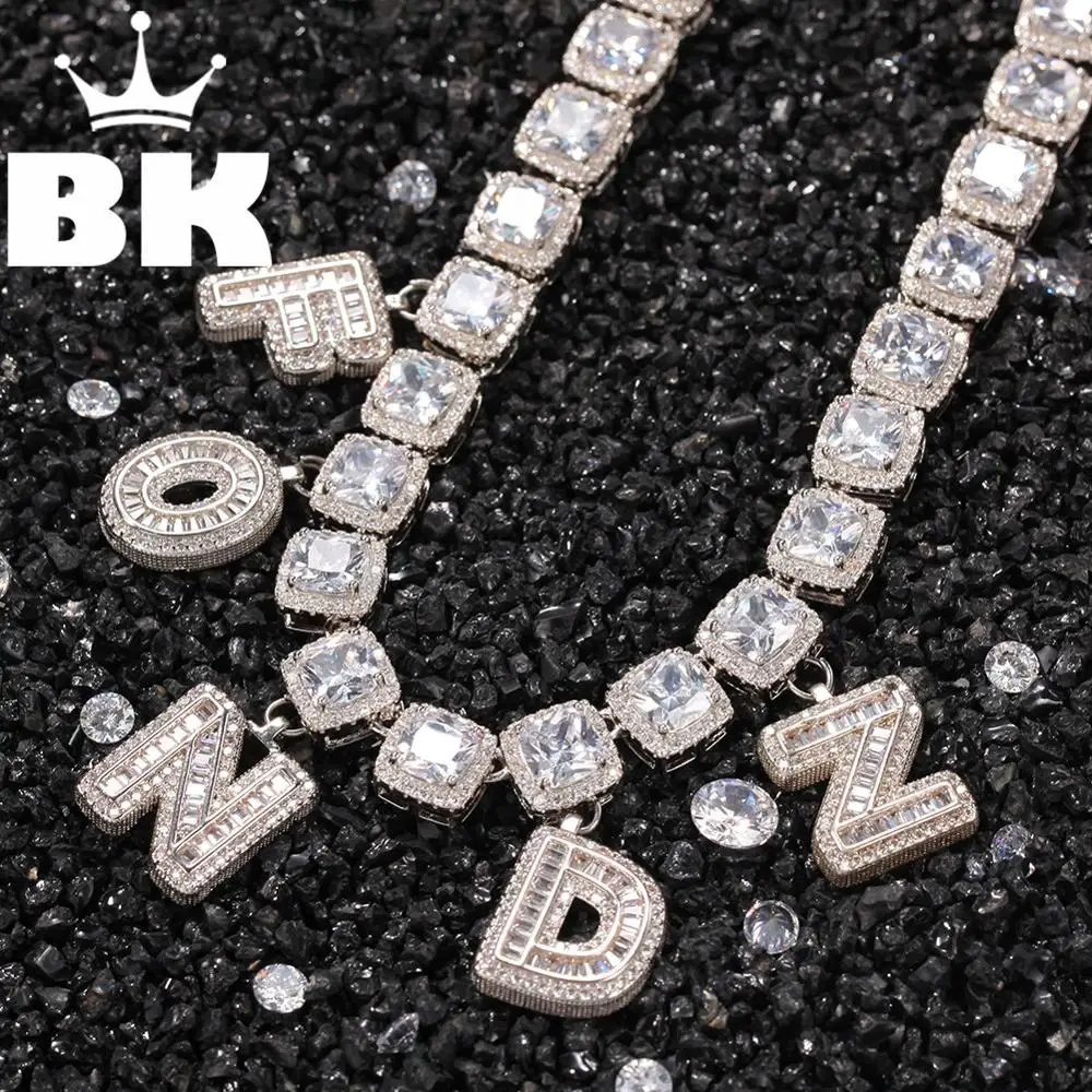 10mm Square Cubic Zirconia Miami Cuban Link Necklace with DIY Letters Luxury Ankle Micro Paved CZ Cuban Joining together Chain