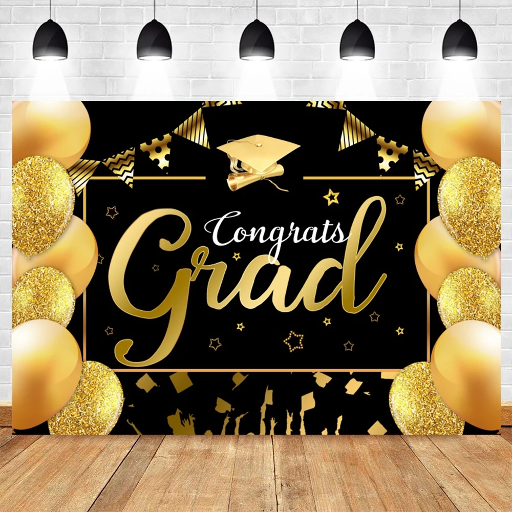 

Class Graduation Photography Backdrop Prop Black Gold Bachelor Cap Balloon Grad Congrats Party Decor Background Photo Photobooth