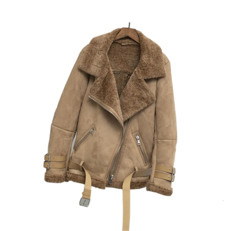 2019 свободная зимняя утолщенная бархатная кожаная куртка с отворотом теплая