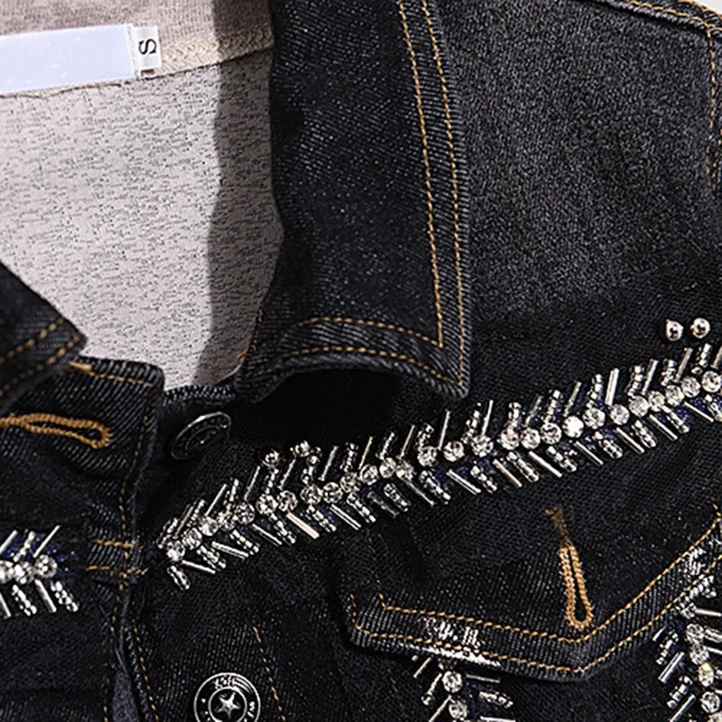 

Women Shiny Embroidered Flares Two Piece Set Slim Fit Denim Jacket Jeans Pencil Pants Matching Sets High Street Biker Outfits