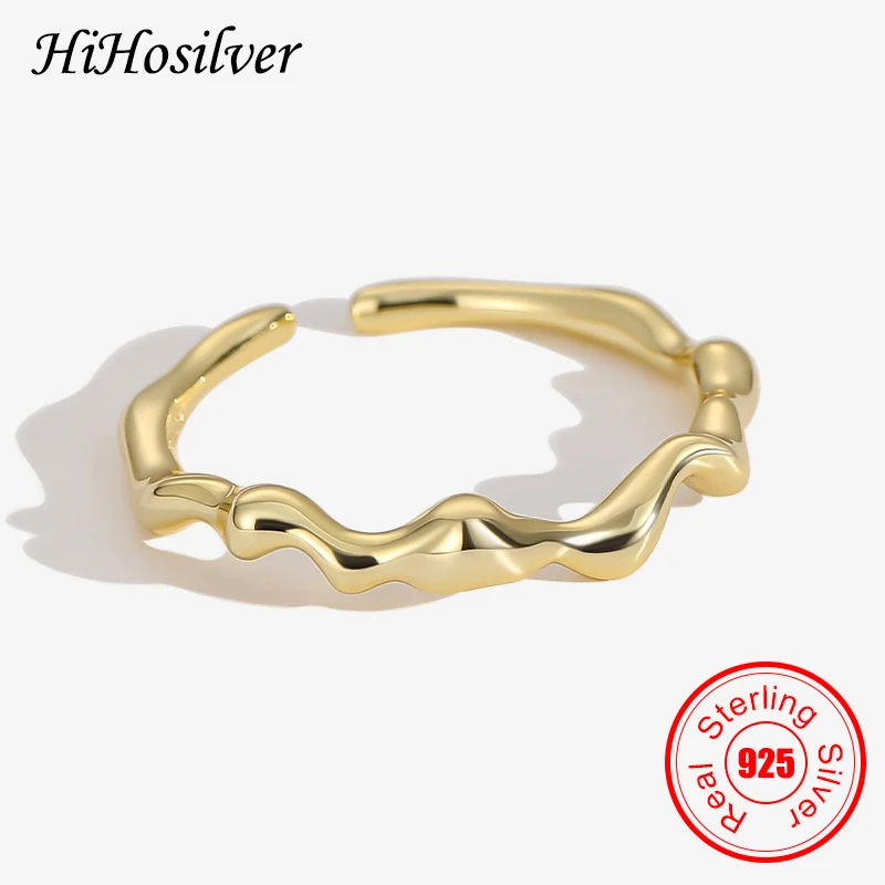 

HiHosilver Wavy Line Metal Casting Pattern Style Real 925 Sterling Silver Ring For Women Gold Jewelry Gift Girl HH21052