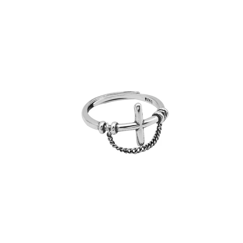 

Todorova 925 Sterling Silver Vintage Punk Cross Chain Rings Hip Hop Fashion Adjustable Opening Rings For Women Men Party Jewelry