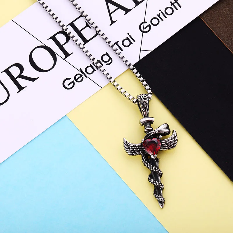 New domineering cross snake sword Men's pendant Hipster inlay red love crystal Wing titanium steel necklace birthday gifts | Украшения