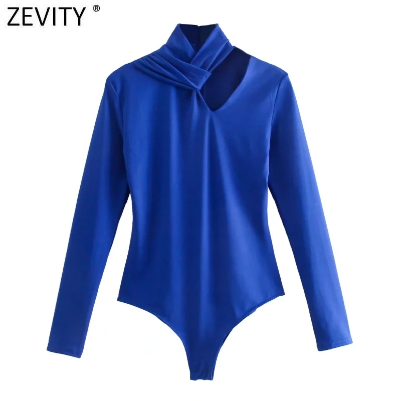 

Zevity новые женские сексуальные узелковые однотонные синие облегающие боди с вырезами, женские шикарные Комбинезоны на молнии сзади LS9798