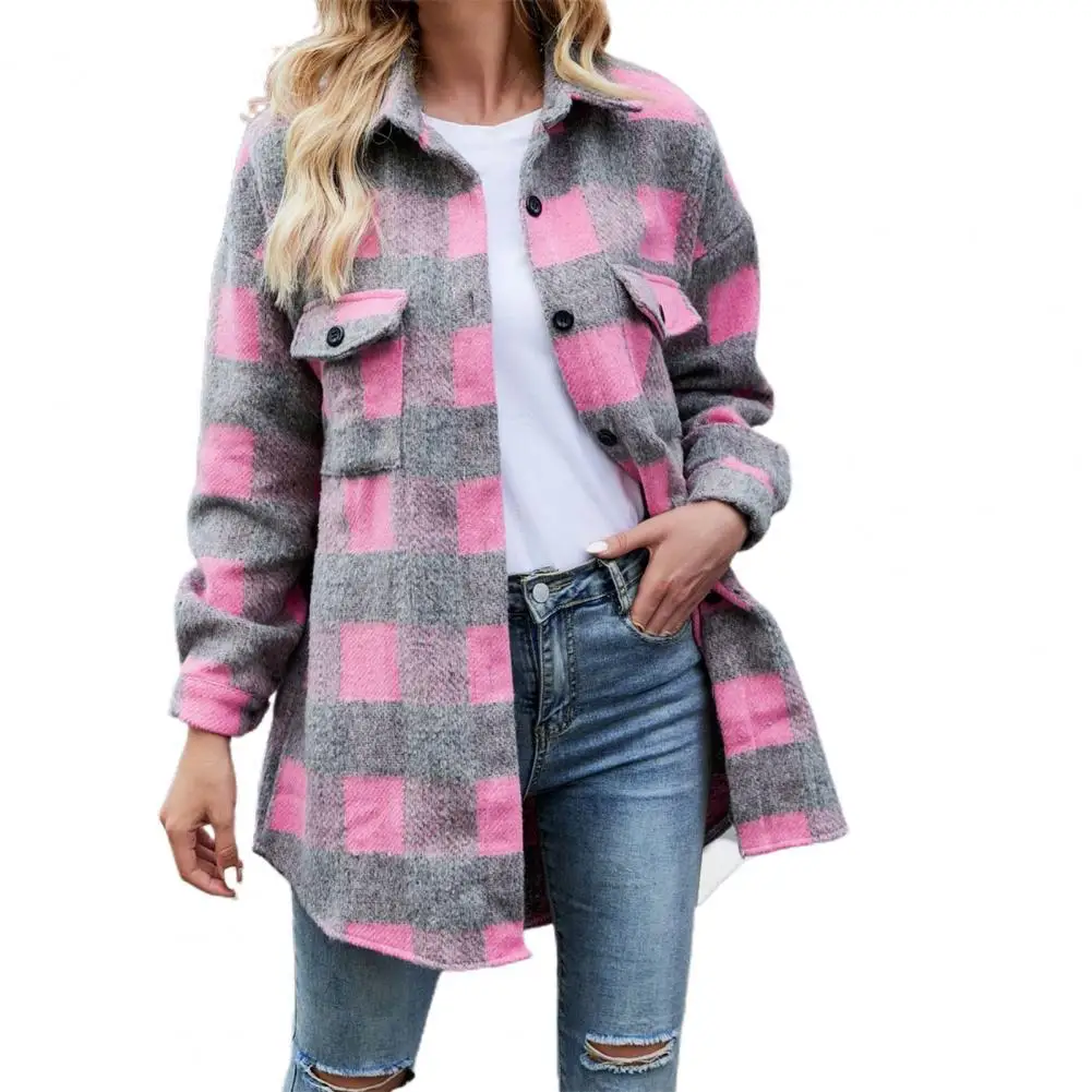 

Women Thin Woolen Coat Plaid Long Sleeve Autumn Winter Single Breasted Turndown Collar Jacket Cardigan for Office Outwear