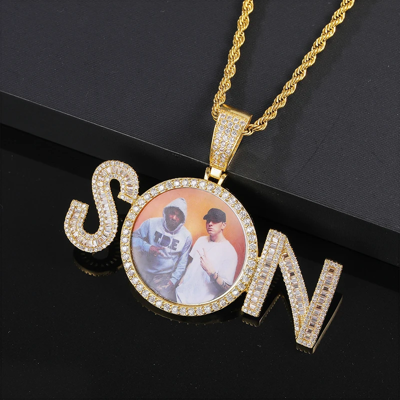 

1 Hip Hop Baguette Custom Made Photo Name 2Letters CZ Stones Round Pendants Necklaces Cubic Zircon Jewelry With Solid Back