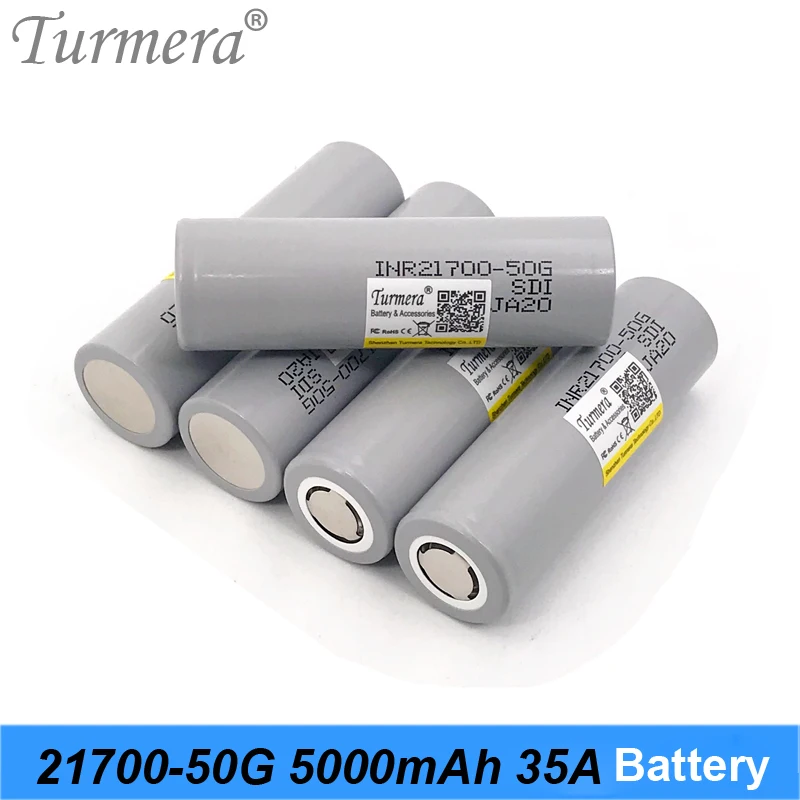 

Turmera 21700 50G 5000mAh Lithium Battery 35A Discharge Current for Flashlight Heanlamp and 36V 48V E-Bike E-scooter Battery Use