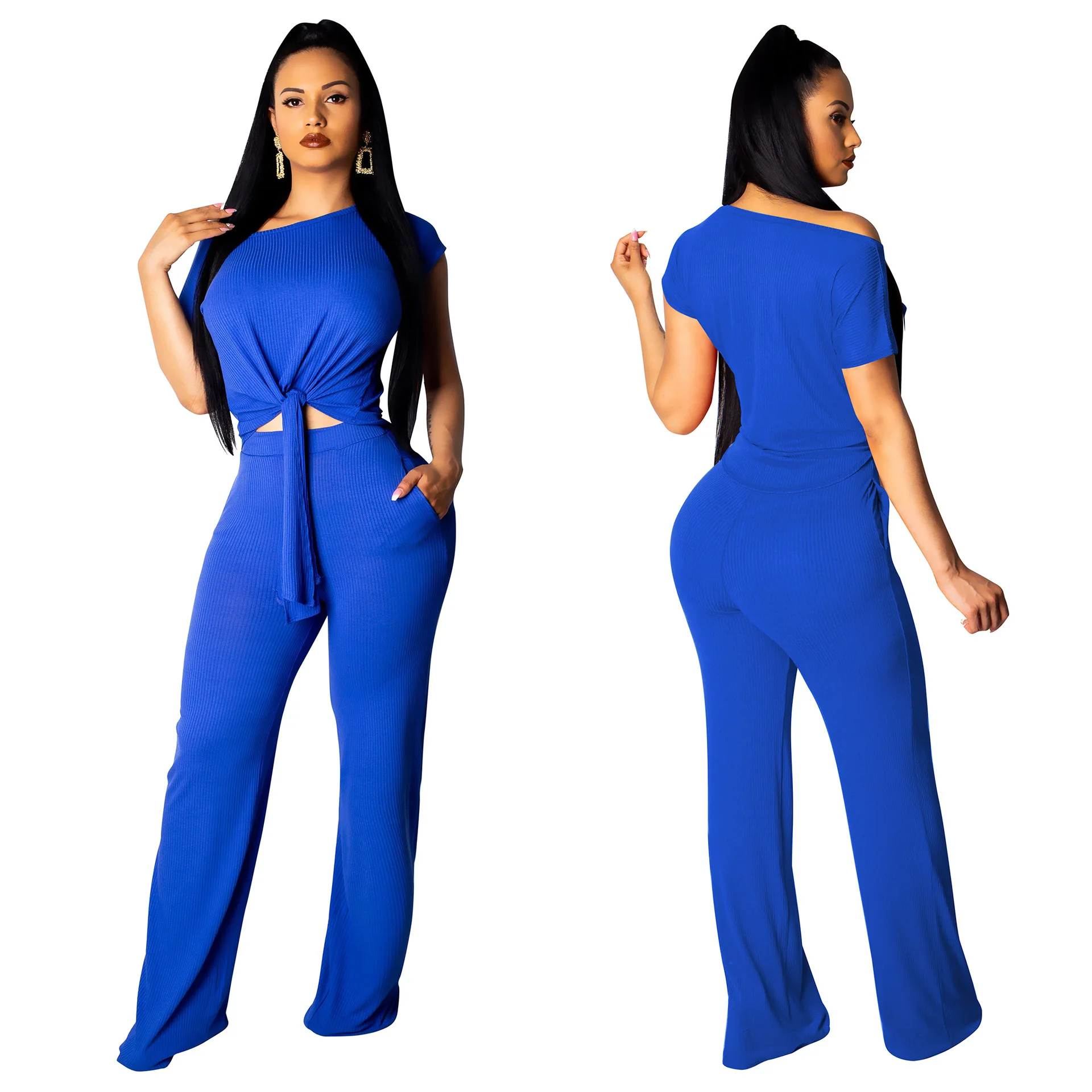 New women Summer knitted short sleeve Bandage crop tops sweater T-shirt +Wide leg Long patns Set suit 2 piece outfits for | Женская