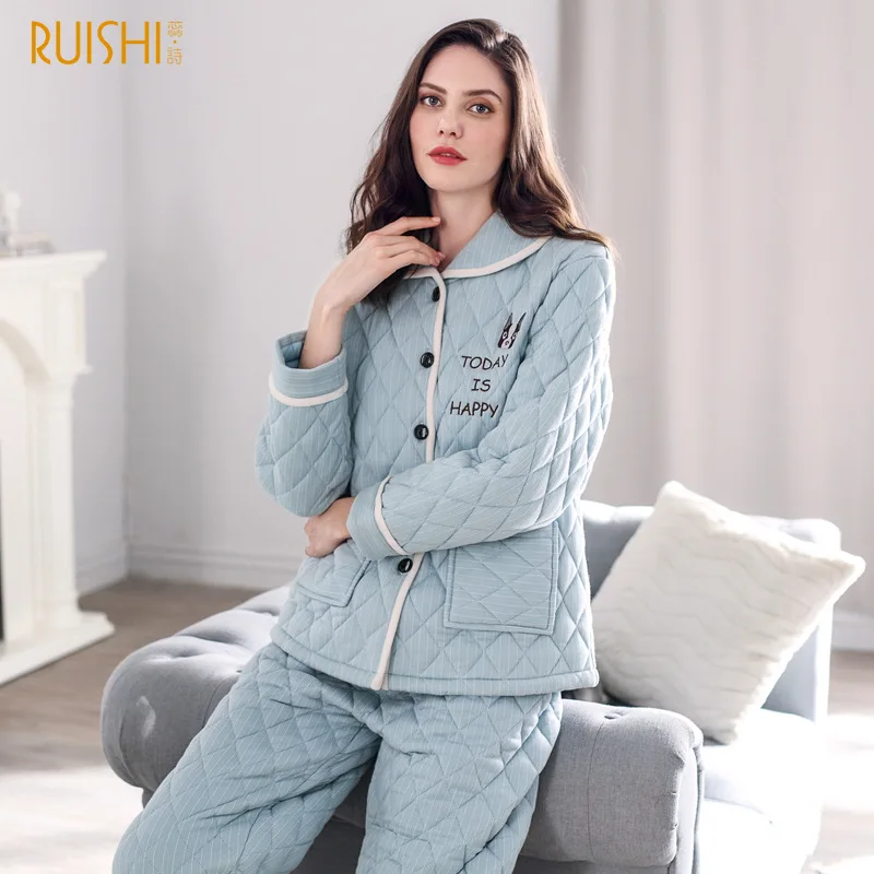 Couple's Pajamas Sets Three Layer Cotton Padded Thickened Winter Cartoon Men's and Women's Sleepwear Two Piece Set Plus Size