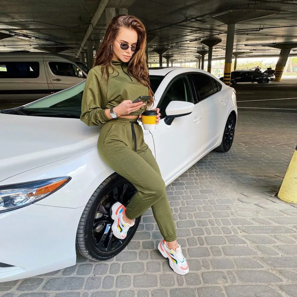 

Женский брючный костюм из двух предметов, однотонная Повседневная Толстовка с длинным рукавом и штаны, спортивная одежда для бега