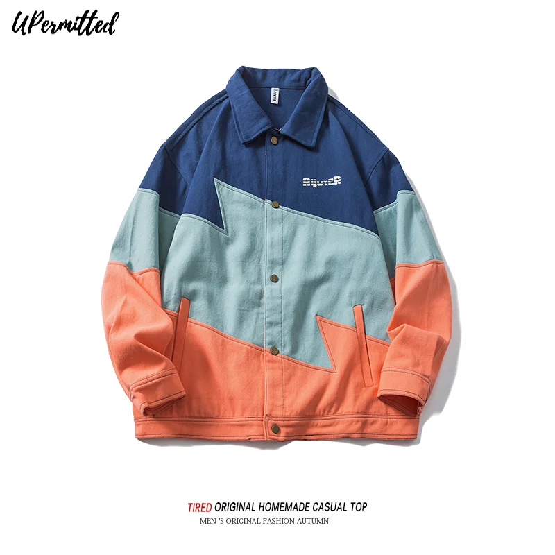 

2021 Autumn New Work Jacket Men's Fashion Loose Colors Patchwork Windbreaker Baseball Casual Coat American Street Style Hot Sale