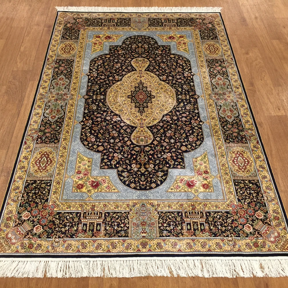 

Yilong 4'x6' Beautiful silk beige and blue color oriental hand knotted Kashmir rug (ZQG121A-4x6)