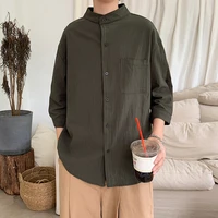 button up shirt summer ins solid color retro short sleeved shirt male loose simple solid color couples seven point sleeve shirt