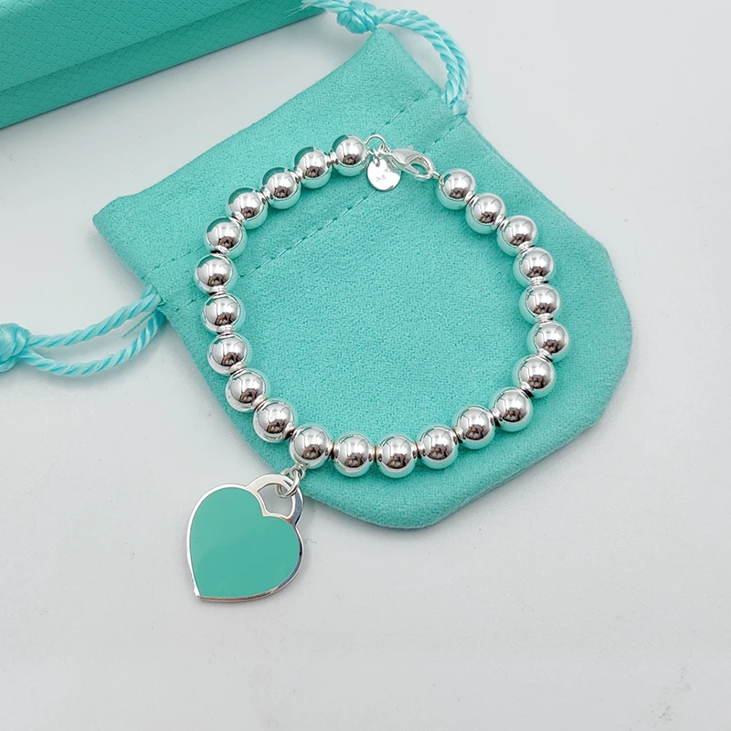 

925 Sterling Silver Women's 8mm Bead Enamel Heart Charm Pendant Bracelet Original Quality Jewelry Gift Luxury Brand 2021 Trend