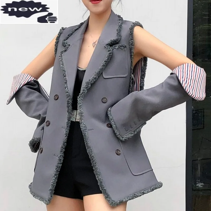 

New Designer Women Sleeve Separated Waistcoat Sexy Blazer Vest Tassel Double Breasted Chalecos Para Mujer Long Gothic Gilet Coat