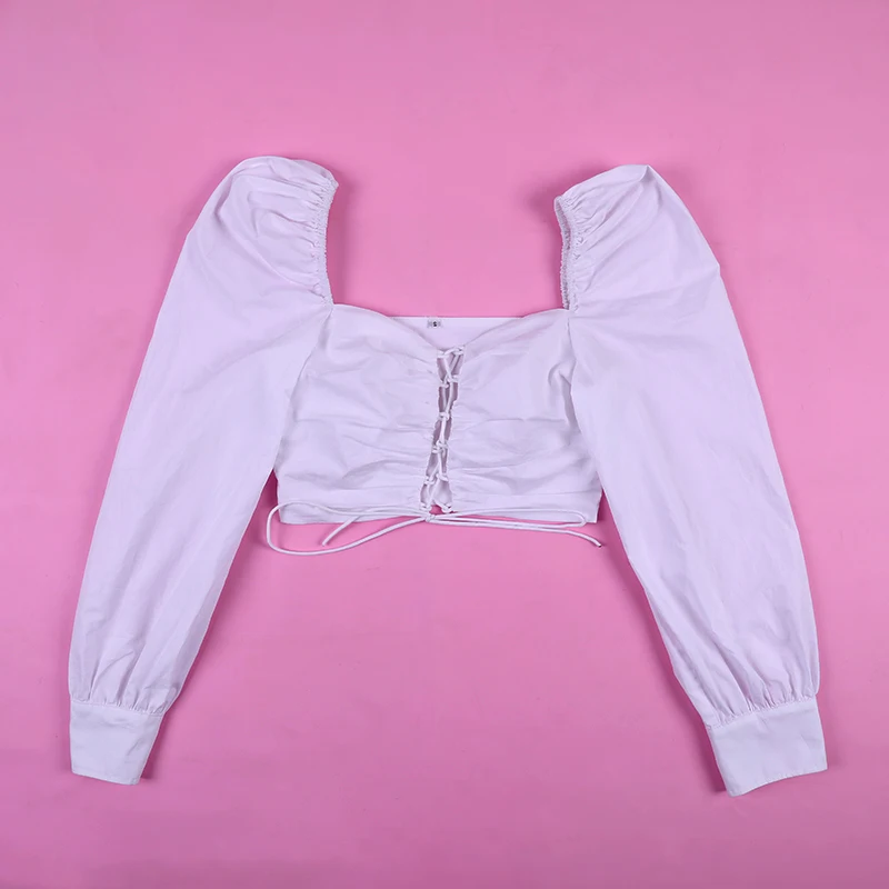 

Hirigin 2020 Women Summer Cotton Bandage Blouse Big Long Slush Lantern Sleeve Adjustable Lace Up Strap Crop Top White Summer