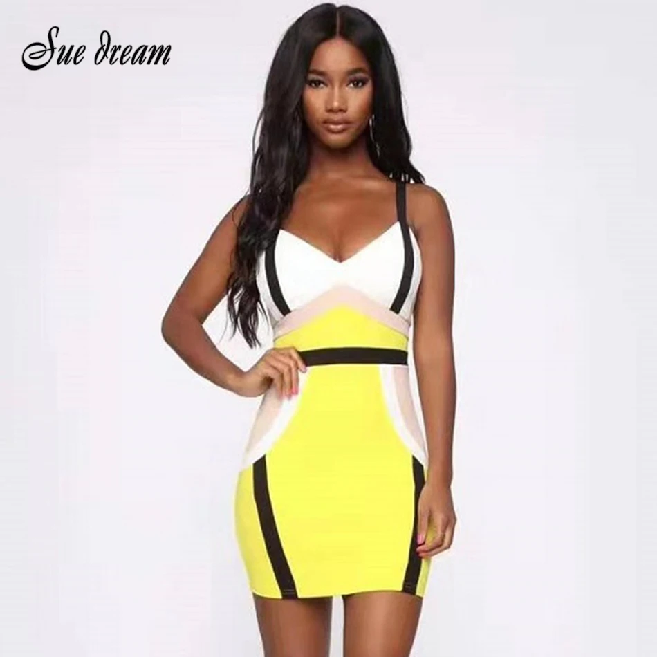 2020 новое летнее женское желтое Сексуальное мини Бандажное платье на бретельках с