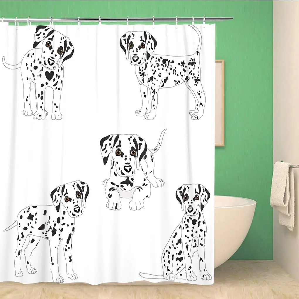 Bathroom Shower Curtain Animal Dalmatians Cute Sad Portrait of Puppy Dog Badges Polyester Fabric 72x78 inches Waterproof Bath