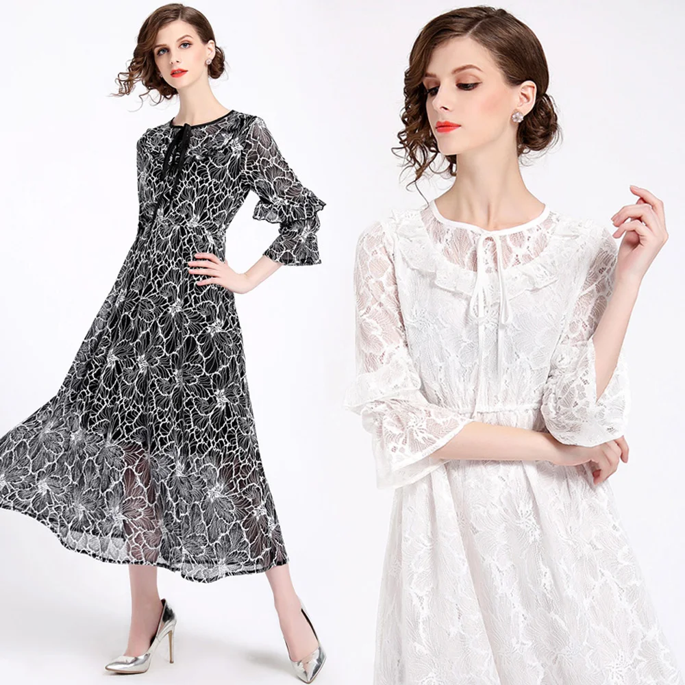 Женское летнее Сетчатое черно белое кружевное платье принцессы женское
