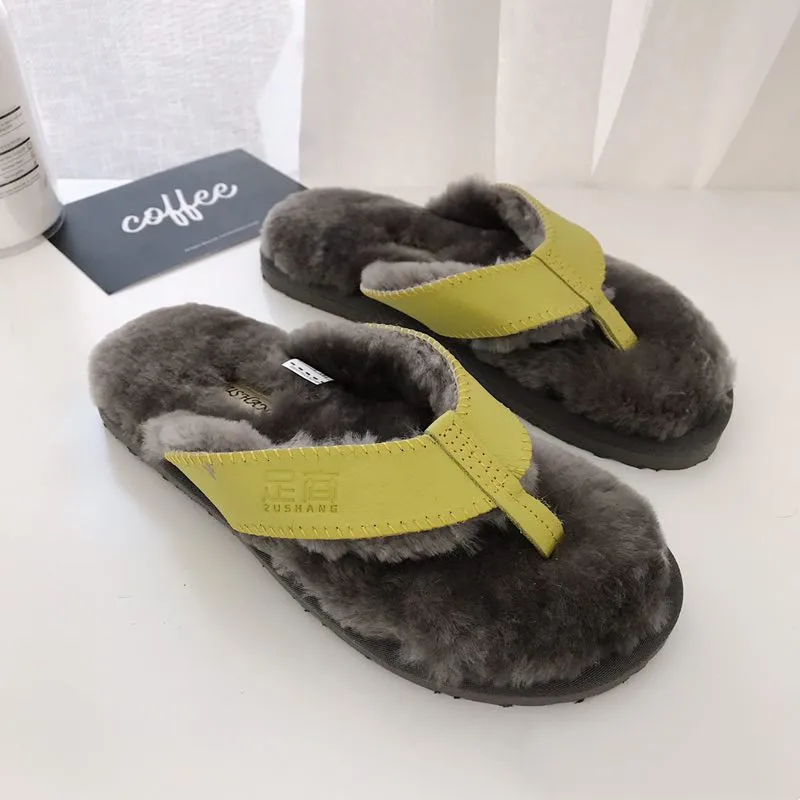 

Sheepskin Hair Natural Fur Sandals Women Men Winter Plush Slippers Fur Warm Shoes Street Fashion Ladies Flat Platform Sandals