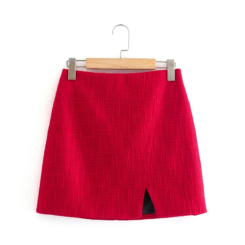 

YENKYE Vintage Tweed Red Skirt Women Sexy Hem Slits Zipper High Waist Mini Faldas Cortas Office Ladies Spring Autumn Jupe