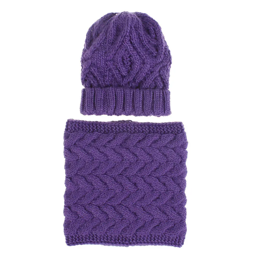 Purple Зимний шарф, вязаная шапка(комплект), шапка для женщин, Зимняя Теплая эластичная вязаная шапка для взрослых, одежда для девочек, Вязаная Шапка-бини с шарфом WH108D - Цвет: Purple