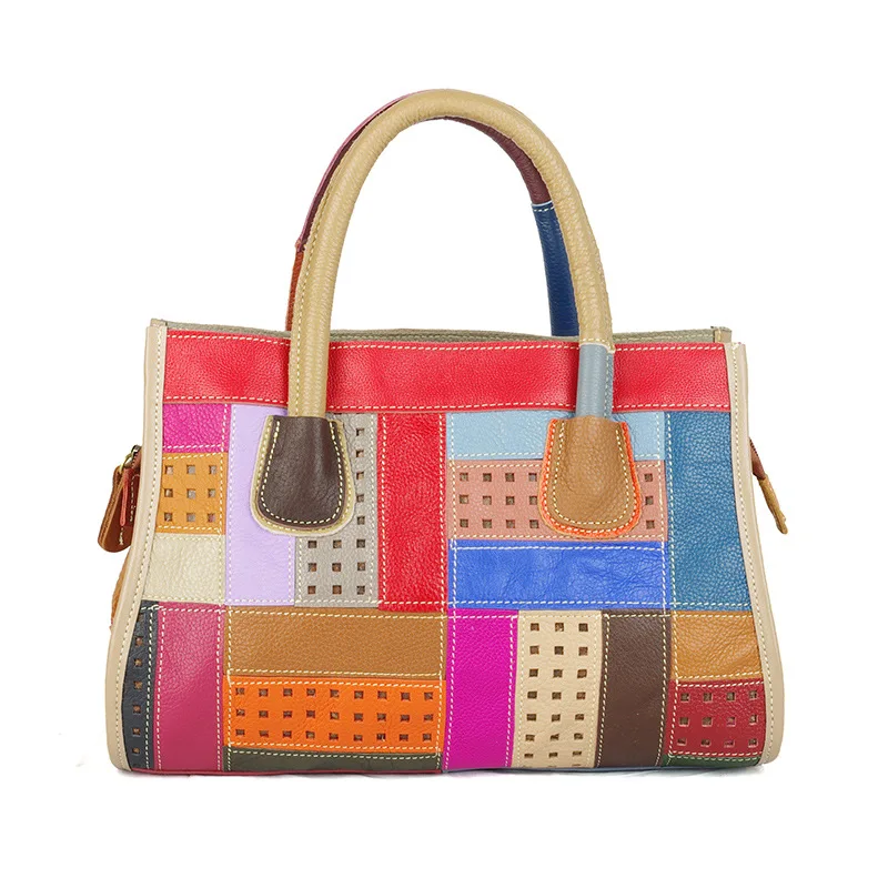 

Genuine Leather Handbag Fashion Colorful Geometric Pattern Contrast Shoulder Bags for Women