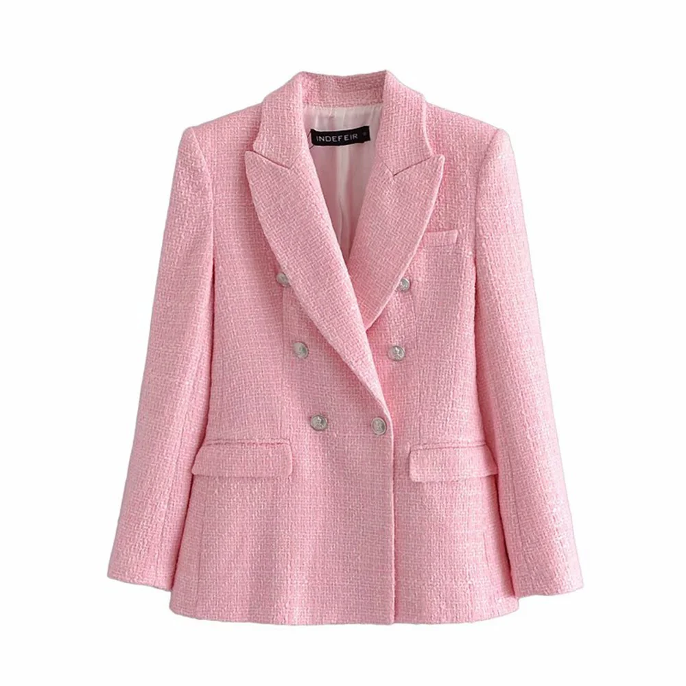 

Fashion Blazer Women Pink Plaid Texture Casual Plaid Checkered Blazer 2021 Spring Fall Office Double Breasted Blazer Suits Coat