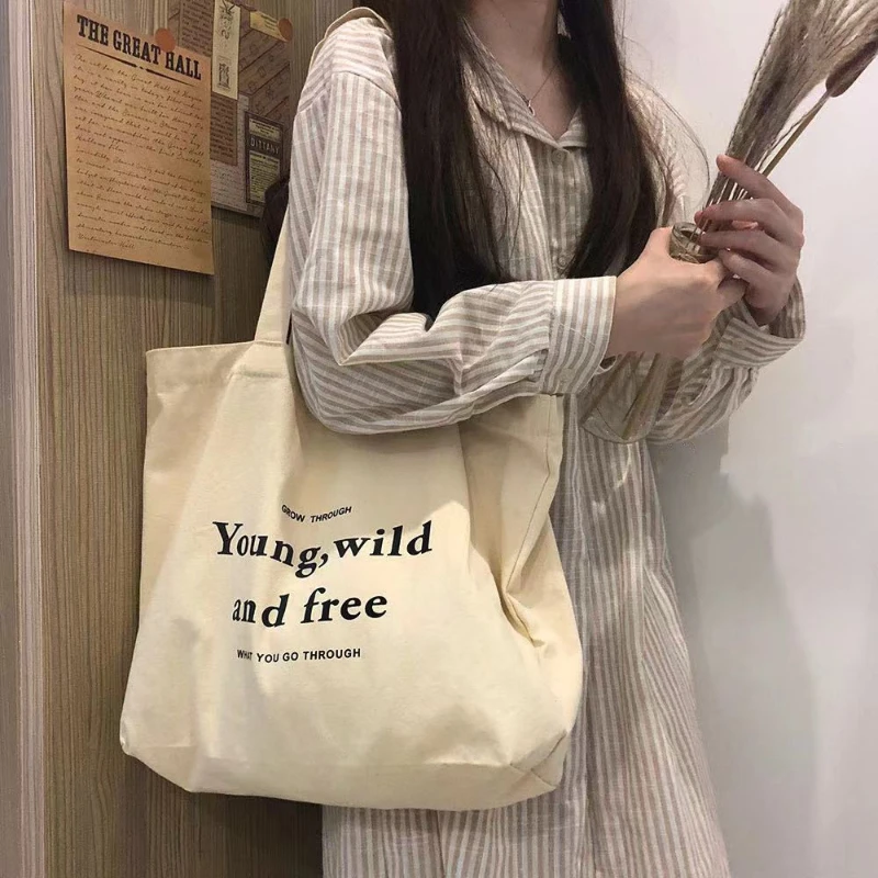 

Print Student Shoulder Bags for Women Casual Tote Letter Large Capacity Interior Zipper Pocket Canvas Shopping Bag Travel Bolso