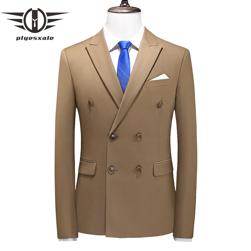 Блейзер мужской двубортный приталенный деловой повседневный пиджак цвета хаки