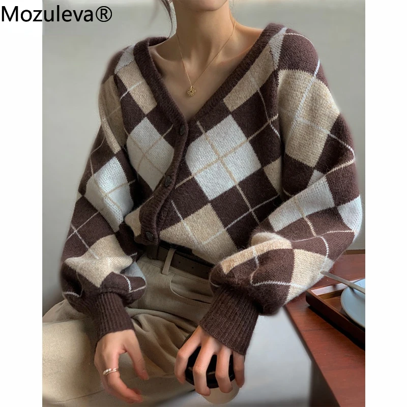 Mozuleva New Autumn Vintage Argyle Knitted Sweaters Women Casual V-neck Full Sleeve Single-breasted Loose Female Cardigans 2021 |
