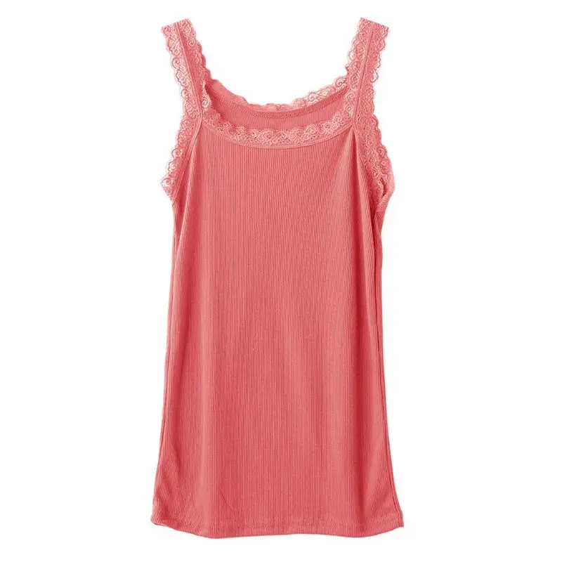 

M2EA Women Summer Sleeveless Tank Solid Candy Color Basic Camisole Floral Lace Trim Ribbed Knit Casual Underwear Slim