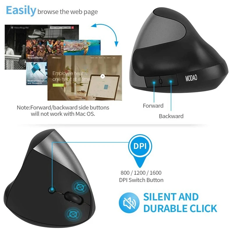 Rechargeable Wireless Vertical Mouse 2.4G Ergonomic Optical Mice with 3 Adjustable DPI 800/1200/ 1600 (Gray) | Компьютеры и офис