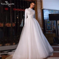 muslim wedding dress long sleeve beaded lace appliques high neck ball gown white bridal gowns bride dress vestido de noiva