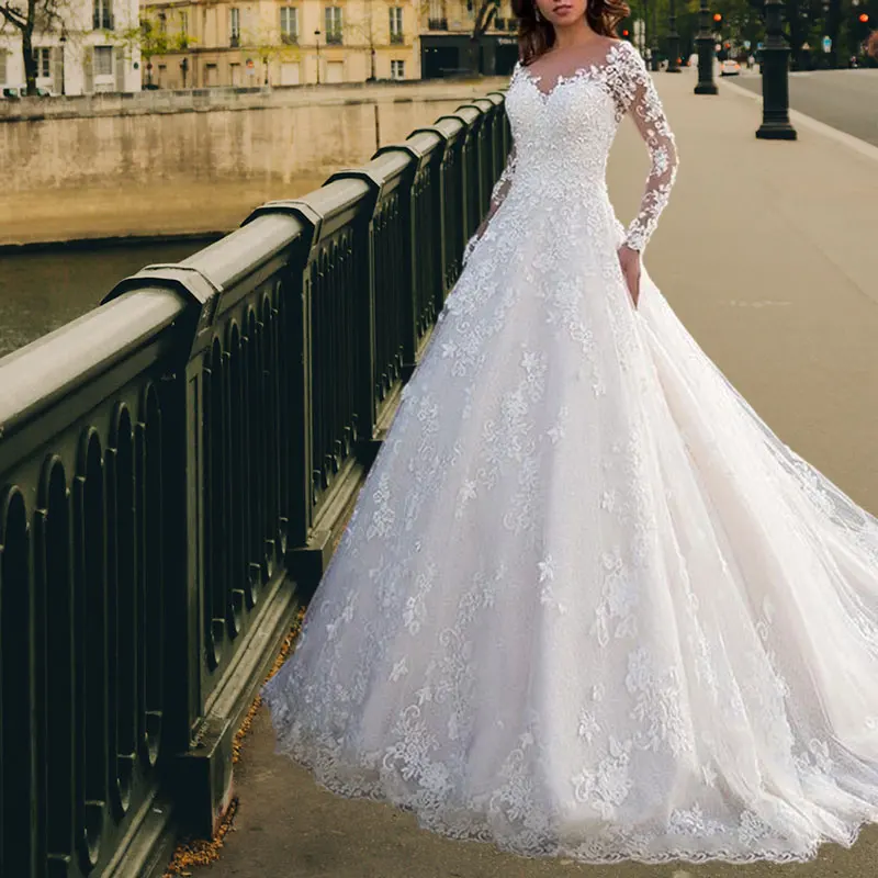 

Luxury Lace Appliques Chiffon Wedding Party Dresses Formal Long Sleeve Romantic Bridal Gowns Women A-Line V Neckline Ball Gown