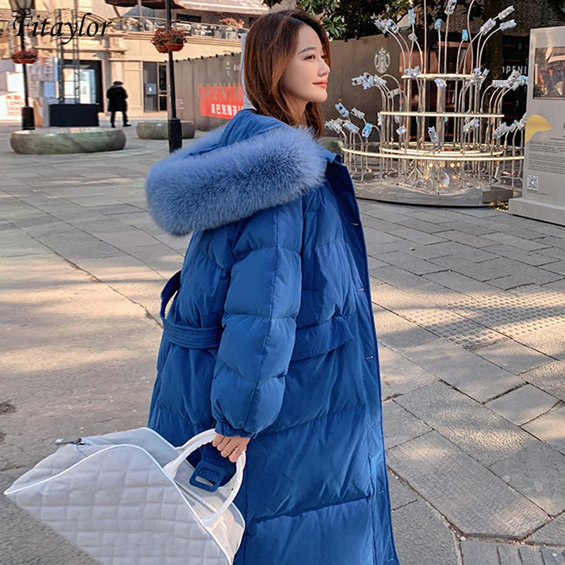 

Fitaylor Winter Large Real Fur Collar Hooded Long Feather Jacket Oversize White Duck Down Coat Loose Snow Warm Outwear with Belt