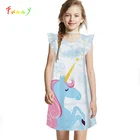 Симпатичные с рукавом в форме лепестка Единорог Платье с круглым вырезом под горловину, до колен Длина мамы и маленькой дочки; Свободное летнее платье для девочек; Одежда для детей в возрасте 10 для детей 12 лет повседневная одежда для девочек костюм для детей