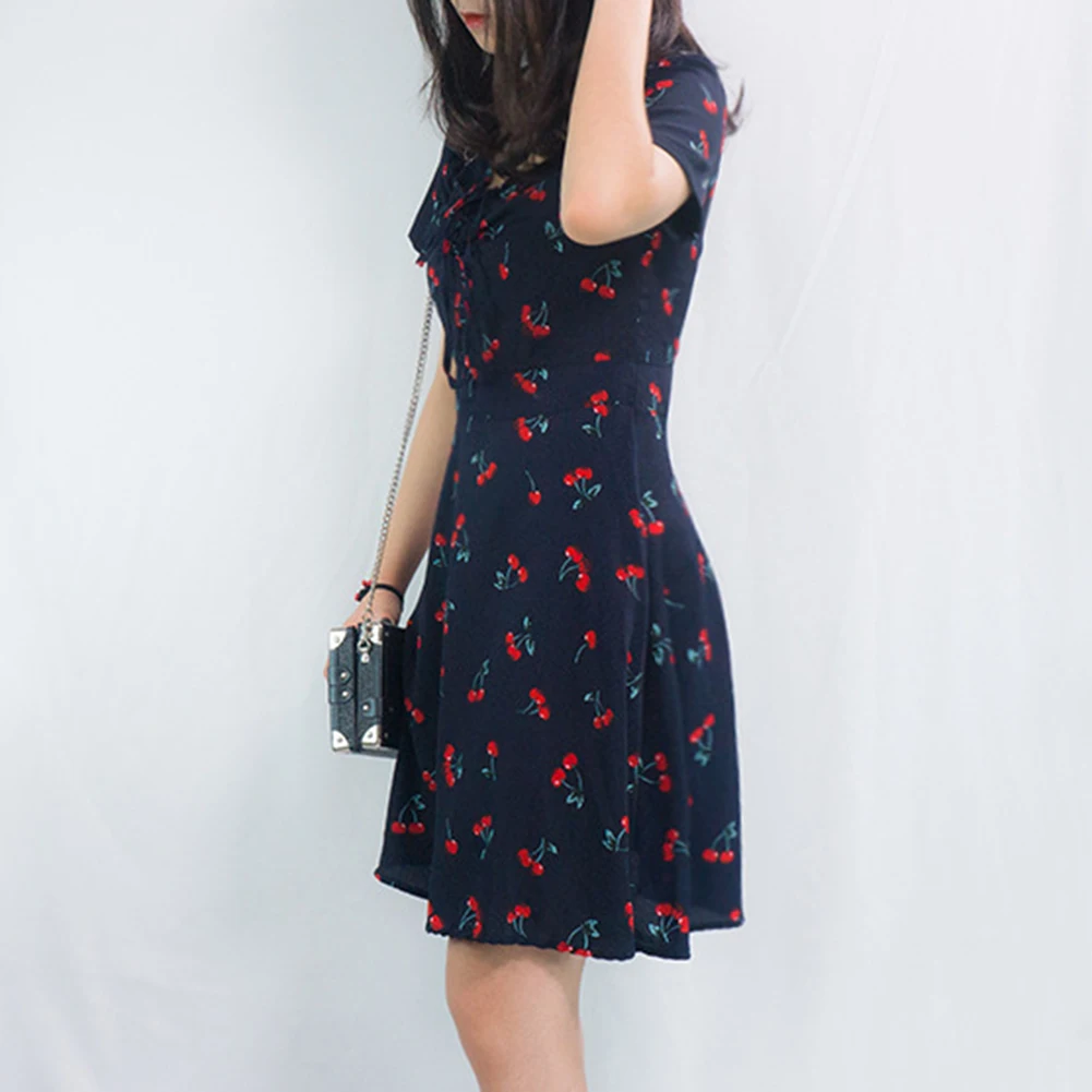 

Women Dress Plaid Cherry Print Women Girl Summer V Neck Short Sleeve High Waist Skirt Dress woman fashion 2021 elegant