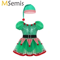 msemis children girls dress christmas new year festival fairy spirit costume ballerina outfit sequin striped mesh tutu dress hat