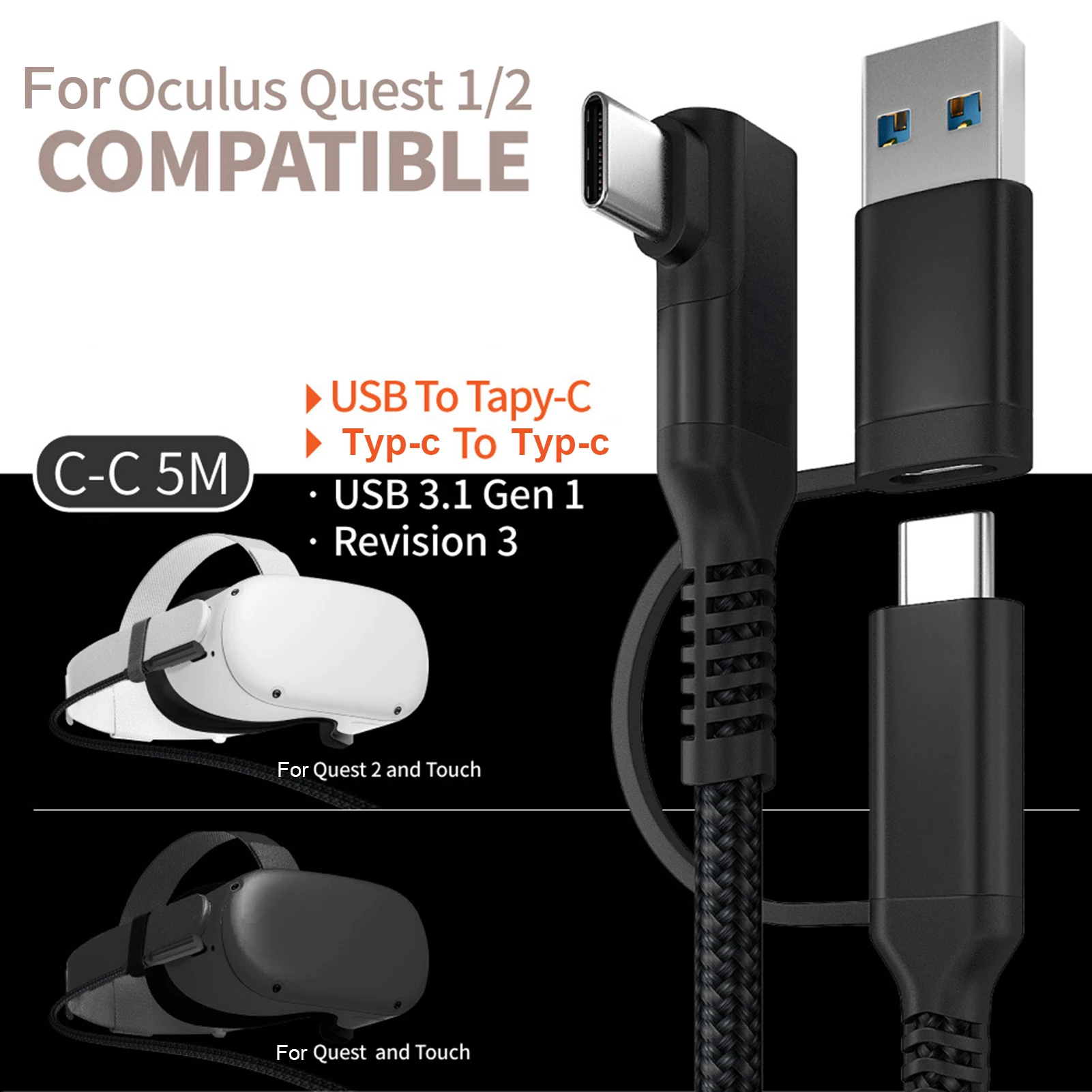 

Кабель для передачи данных для Link USB- C VR Quest 2/ Quest 1 Type- C 3,0, 5 м, кабели для быстрой зарядки VR для Oculus Quest 2, аксессуары для гарнитуры VR