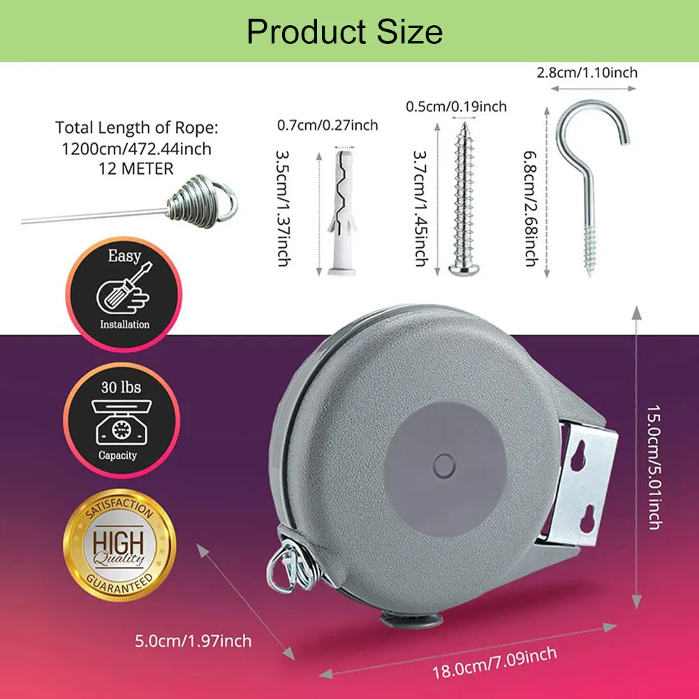 

12m Retractable Washing Line Wall Home Storage Mount Extendable Clothes Rope Heavy Duty Laundry Drying Clothesline Hanger Grey