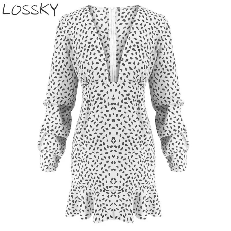 

Women Sexy Print Long Sleeve Mini Party Dress Long Deep V Neck Autumn Summer Fall Eleagnt Ruffles Dress Ladies Sundress Vestidos