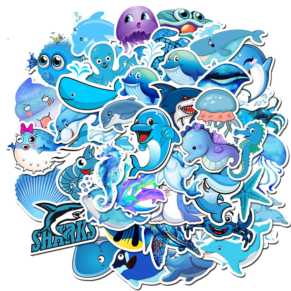 10/30/5Blue Sea Creatures Cute Cartoon Graffiti Stickers Luggage Laptop Water Cup Waterproof Stickers  - buy with discount