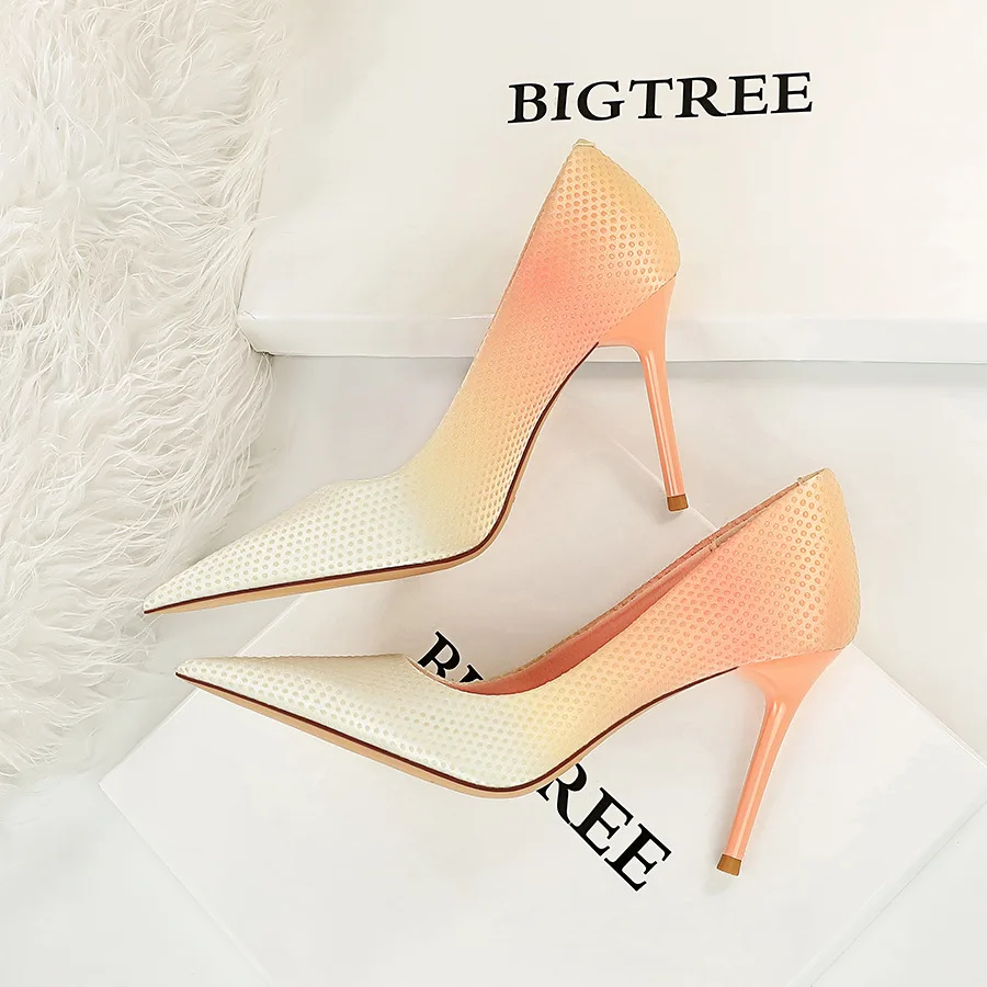

Salto Alto Feminino Sweet Female 9.5CM High Heels Shoes Lighter Pointed Toe Satin Gradient Color Matching Women Pumps