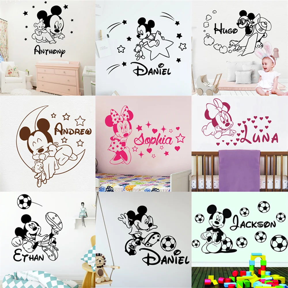 Disney Mickey Custom Name Waterproof Wall Stickers For Kids Room Vinyl Decals Baby Bedroom Accessories Wallpaper Art Bed Decor