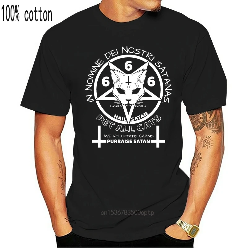 

Satanic Cat Lucifer Excelsi Hail Satan 666 T Shirt O Neck Slim Graphic Spring Autumn Slim Cotton Comfortable Designer Shirt