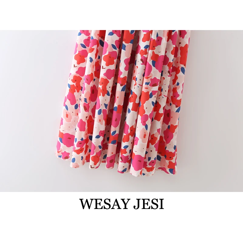 

WESAY JESI Fashion Summer Women's 2021 Sweet Print Fashion Elastic Waist Round Neck Long Skirt Vacation Style Retro Casual Dress