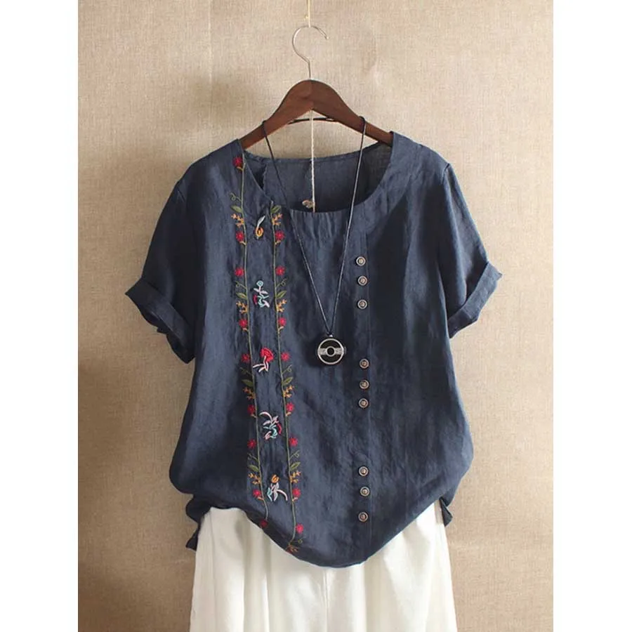 Женская блузка с вышивкой Повседневная хлопковая льняная рубашка большого