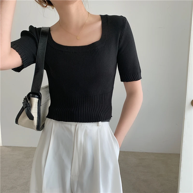 

Футболка Alien Kitty Женская короткая облегающая, Модный трикотажный однотонный топ с квадратным вырезом, Офисная Облегающая рубашка, лето 2021